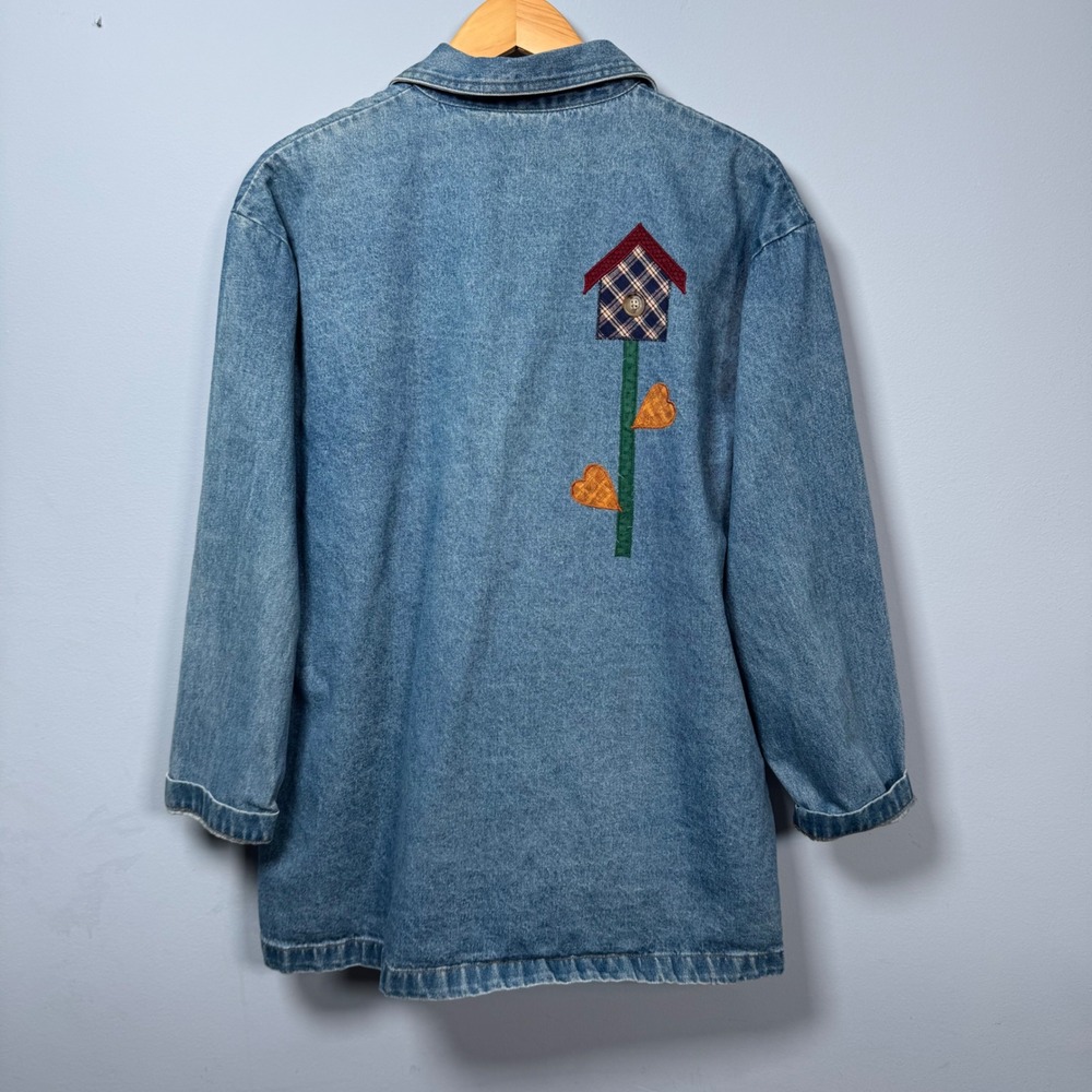 VTG Women XL Denim Coat Jacket Applique Birdhouse Patchwork Cottage Barn Chore - Picture 2 of 16
